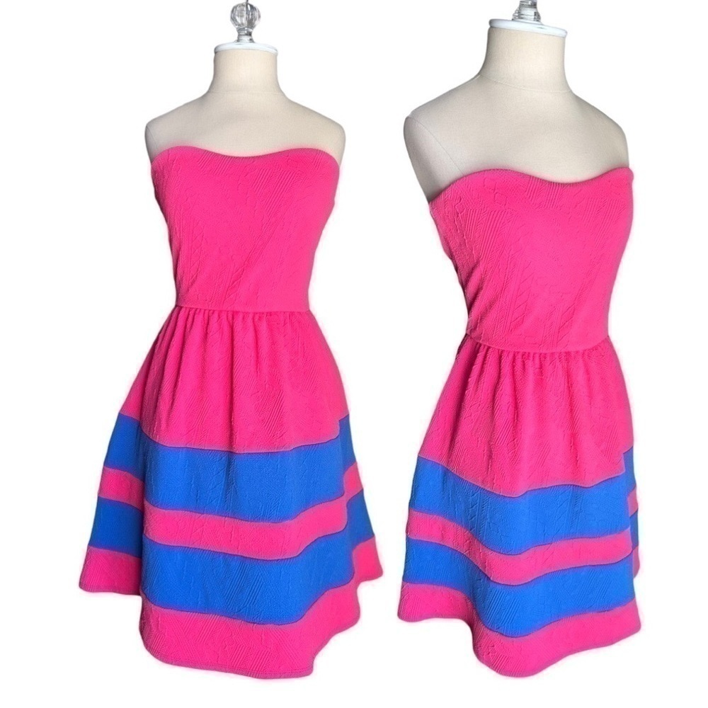 Pink Owl Strapless Retro Color Block Pink Blue Women's Stretchy Dress in Medium
